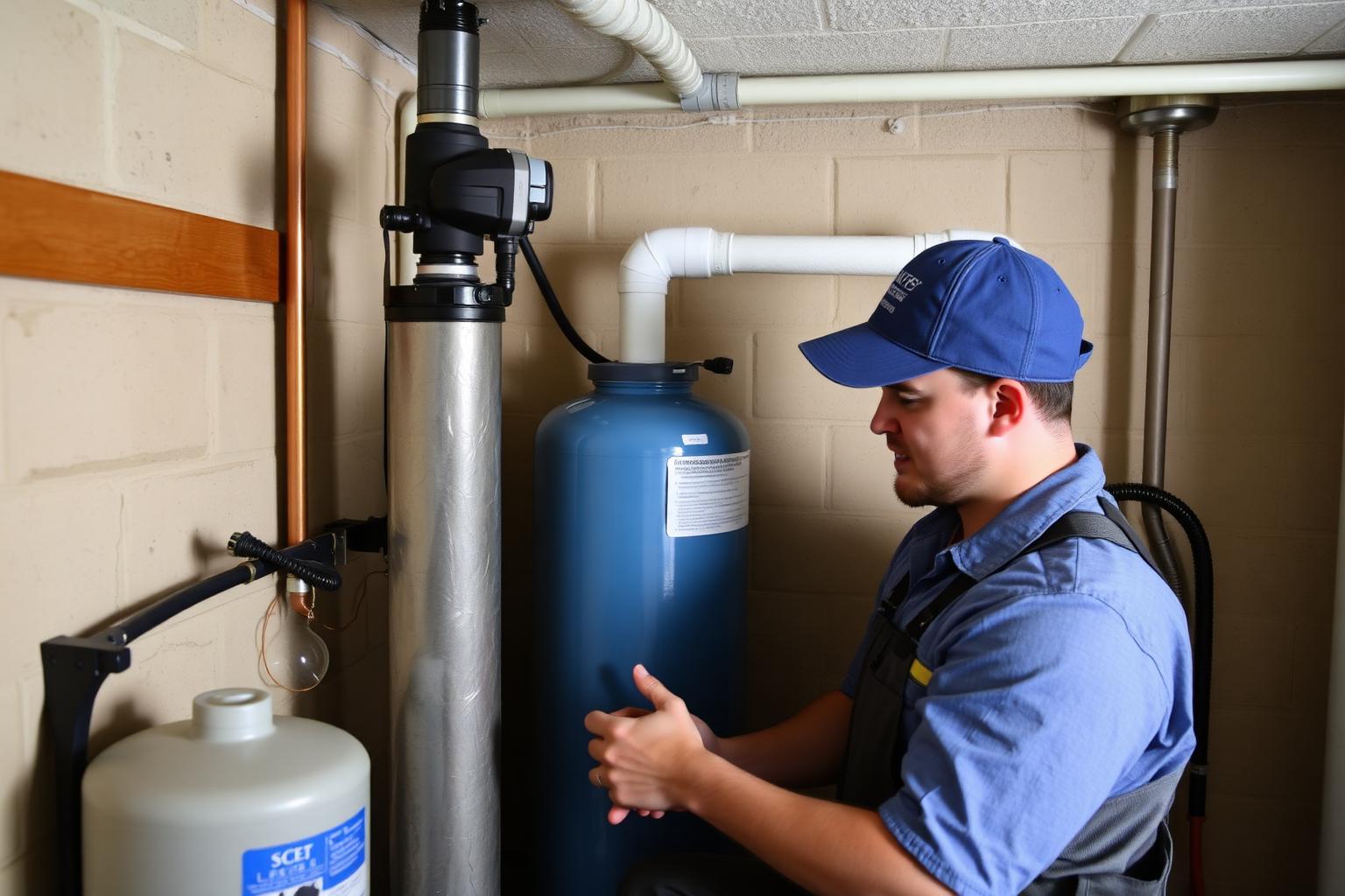 Technician installing a residential water treatment system