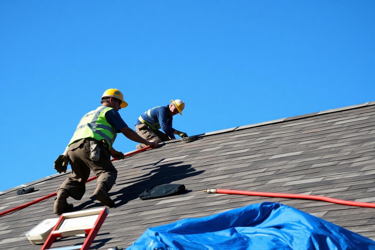 Roofing crew installing shingles on a residential roof