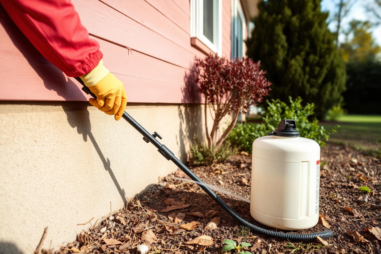 Pest control technician treating a home foundation